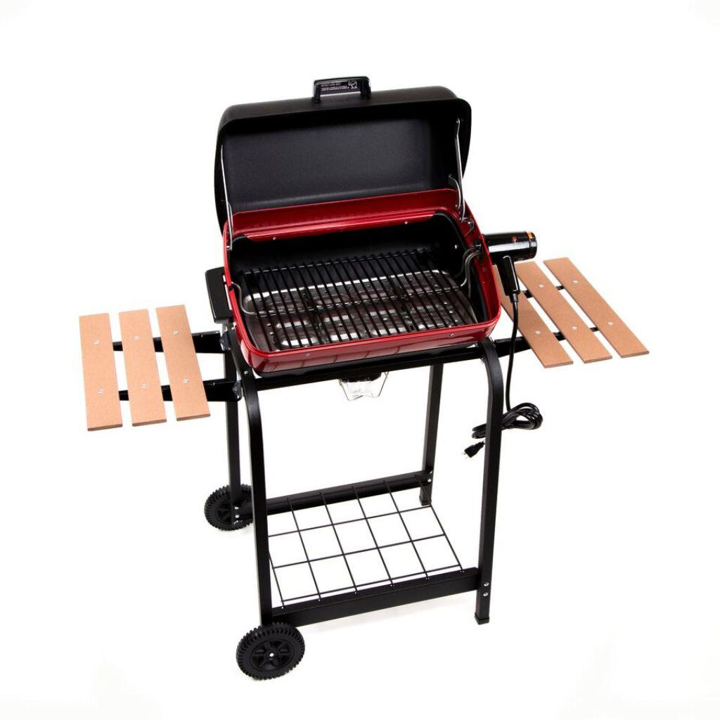 Americana 21" Electric Cart Grill with Two Folding, Composite-Wood Side Tables, Shelf and Rotisserie