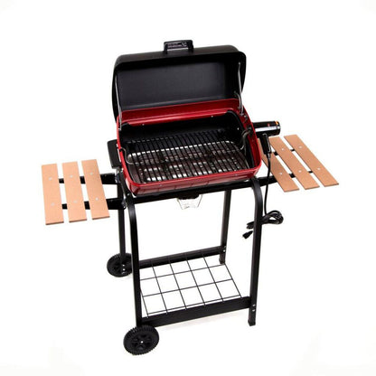 Americana 21" Electric Cart Grill with Two Folding, Composite-Wood Side Tables, Shelf and Rotisserie