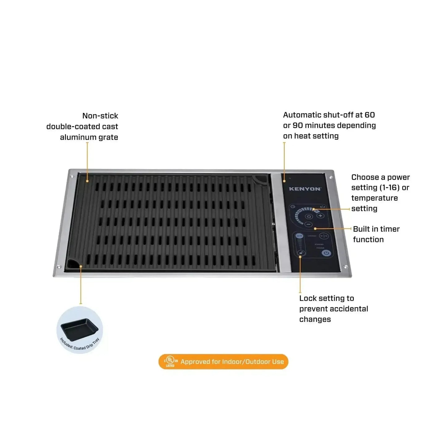 Kenyon Frontier 21" 1-Burner Built-In 240V No Lid Electric Grill With IntelliKEN Touch Control