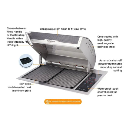 Kenyon Signature 30" 2-Burner Built-In 240V Electric Grill With IntelliKEN Touch Control And Black Carbon Fiber Lid With Fixed Handle And Mounting Holes