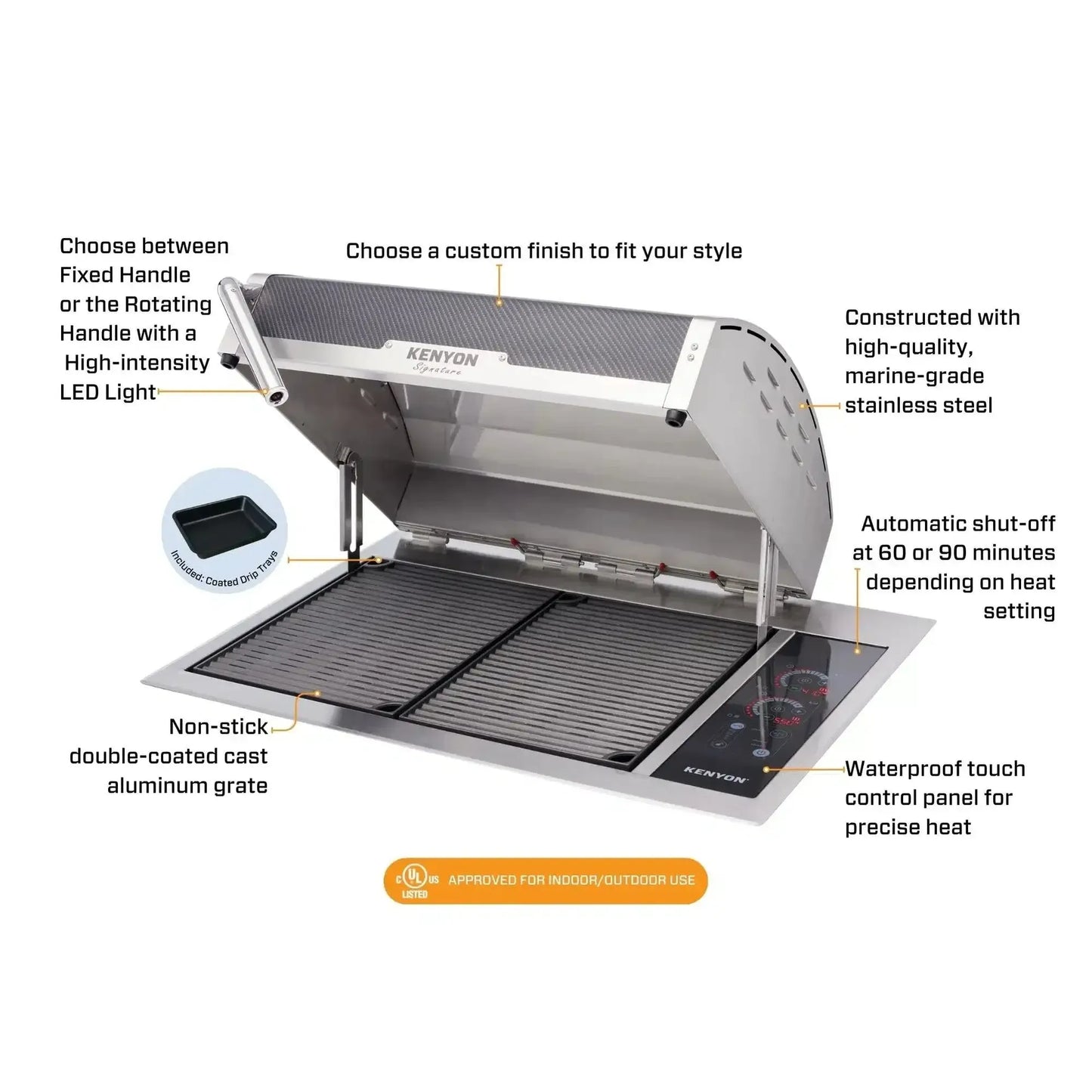 Kenyon Signature 30" 2-Burner Built-In 240V Electric Grill With IntelliKEN Touch Control And White Carbon Fiber Lid With Fixed Handle